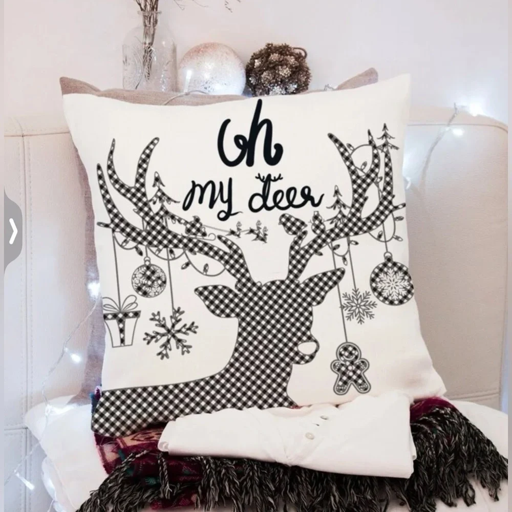 Pillow Cover Deer Christmas Zip Up Farmhouse White Black Plaid Large 17.7 in